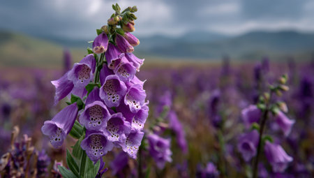 The image features close-up views of foxglove flowers in varying stages of bloom, showcasing vibrant purple hues. The flowers are set against a blurred background of green hills and a cloudy sky, suggesting a natural outdoor environment. This visual is suitable for editorial use, illustrating botanical themes, or creating decorative elements.の素材