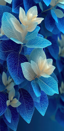 This image showcases a detailed close-up of a floral arrangement. It features blue leaves with lighter blue and cream-colored blooms. The composition uses high contrast with detailed textures. Suitable for various applications, including print media and digital designs, this image can be used for artistic or commercial purposes.の素材
