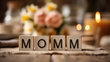 A close-up shot features the word MOMM spelled out with wooden blocks. Behind the blocks, soft-focus floral arrangements and lit candles create a warm ambiance. The scene employs shallow depth of field, enhancing the visual focus. Suitable for design, greetings, and visual concepts.の素材