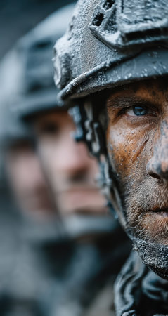This image features a close-up of a soldier with a camouflage helmet and gear. The composition showcases the soldier's face, conveying a sense of determination. The lighting suggests an outdoor setting, possibly during the day. The image could be used for various editorial or commercial purposes.の素材