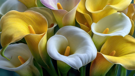 A close-up captures a collection of calla lilies, showcasing their elegant forms. These flowers display varying shades of yellow and white, with their delicate petals creating a soft texture. The lighting appears natural, suggesting an outdoor or studio environment, suitable for various editorial and commercial applications.の素材