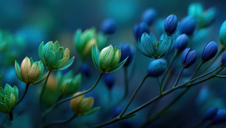 This image presents a close-up view of delicate flowers in various shades of blue and green. The composition highlights the intricate details of the petals, with a soft, blurred background. The scene suggests an outdoor environment with natural lighting and offers potential uses for decorative or artistic purposes.の素材