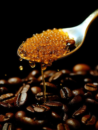 A close-up photograph showcases a spoon filled with liquid coffee beans, with a dripping effect. The image highlights the texture and color of the beans against a dark backdrop. The overall style suggests commercial uses, highlighting beverages, food photography, or artistic compositions. The image is a visual asset for various design projects.の素材