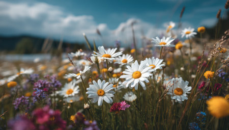 The image captures a close-up view of daisies in full bloom, showcasing white petals and yellow centers. The scene features various other wildflowers and grasses under a partly cloudy blue sky. The composition emphasizes natural light and texture. Suitable for various editorial and commercial applications.の素材