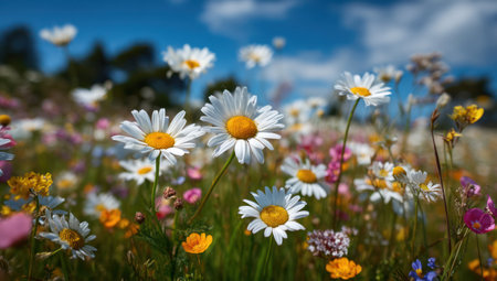 The image captures a close-up view of daisies in full bloom, showcasing bright white petals and yellow centers. The scene displays a mix of colorful wildflowers in a grassy field against a backdrop of a clear, blue sky with some clouds. The soft lighting suggests a sunny day and is suitable for various editorial and commercial projects.の素材