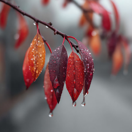This image showcases colorful autumn leaves adorned with glistening water droplets. The leaves display a gradient of red and orange hues. The soft-focus background complements the macro photography style and suggests a natural outdoor setting, likely on a cloudy day. Ideal for editorial content and various commercial applications.の素材