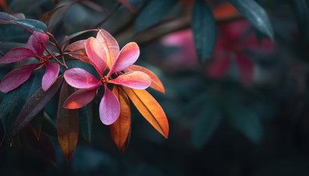 An image showcases a close-up of a blooming flower with pink and orange petals, set against a backdrop of deep green leaves. The composition is likely natural with an emphasis on color and texture, creating a sense of depth and focus. This image is suited for various commercial and artistic applications.の素材