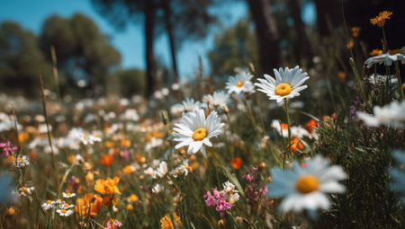 A field of daisies and various wildflowers is captured in a close-up shot, showcasing their delicate white petals and colorful centers. The composition highlights a low-angle perspective, with soft lighting and blurred background. This image can be suitable for use in marketing, editorial content, and various design projects.の素材