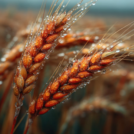 This image showcases detailed wheat stalks glistening with water droplets, possibly after rain. The warm, earthy tones and textures create a natural aesthetic. The composition uses shallow depth of field, focusing on individual grains. Suitable for agricultural, food, or nature-related content.の素材