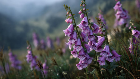 The image features close-up of foxglove flowers with a prominent purple hue. The delicate blossoms stand tall in front of a soft, blurred background, suggesting a natural outdoor environment. The composition utilizes natural lighting to highlight the textures. Suitable for illustrating nature and botanical themes in diverse projects.の素材