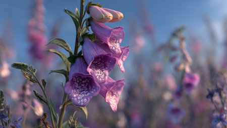 The image captures a cluster of foxglove flowers in full bloom. The flowers exhibit a gradient of purple hues, with a textured surface and delicate details. The composition is set against a soft, blurred background, suggesting a daytime outdoor environment. Suitable for a variety of commercial and editorial applications.の素材