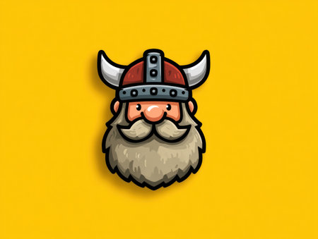 This illustration depicts a cartoon viking character. The image presents a flat design with bold outlines, featuring a detailed helmet and beard. The color palette includes red, gray, and yellow. It is likely suitable for use in various design projects, including logos, illustrations, or educational materials.の素材