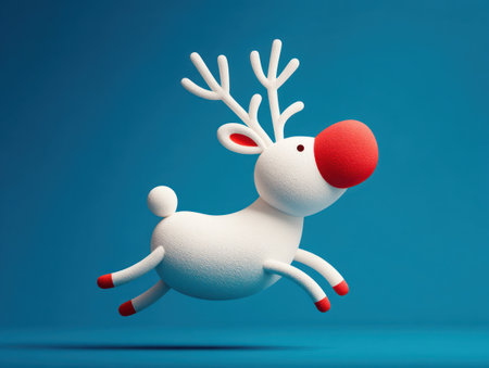A cartoon reindeer with a prominent red nose leaps across a vibrant blue backdrop. The illustration features a smooth, digital art style with soft white fur and clean lines. The composition showcases a sense of movement and energy, suitable for holiday-themed projects or general design uses.の素材