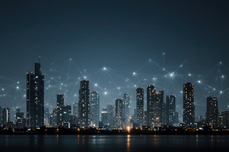 A nighttime cityscape features illuminated high-rise buildings along a waterfront. Dark blue tones dominate, with bright points of light suggesting digital connectivity. The scene presents a modern aesthetic, possibly representing technology. This image is suitable for various commercial purposes, including business or technology articles.の素材
