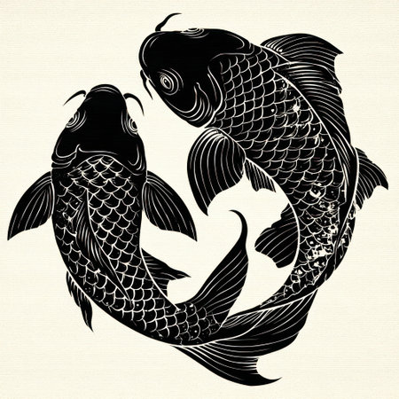 Two stylized black koi fish are depicted in a circular composition against a cream backdrop. The graphic style employs detailed line work, creating a textured effect. The artwork's balanced design and monochrome palette suggest potential uses in design projects, such as for decorative elements or conceptual illustrations, possibly for print or digital media.の素材