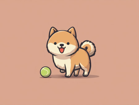 A cartoon Shiba Inu dog is depicted standing next to a green ball against a pink background. The illustration uses bright colors with a simple, rounded style. The lighting is soft and even, suggesting a neutral environment. Suitable for various design projects, it could be used in print or online media.の素材