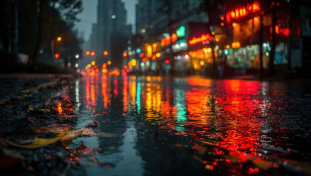 A wet city street reflects the vibrant colors of illuminated buildings and streetlights after rainfall. The composition shows blurred reflections, suggesting movement and the ambiance of a rainy night. The image may be suitable for illustrating urban environments or various editorial projects.の素材