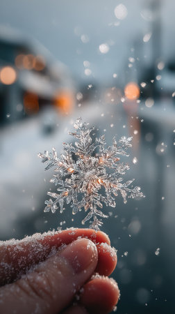 A detailed image captures a snowflake held by a hand. The crystalline structure shines with intricate detail, displaying a variety of textures. The background fades into soft bokeh, suggesting an outdoor setting with diffused lighting. It's suitable for various design, editorial, and commercial projects.の素材