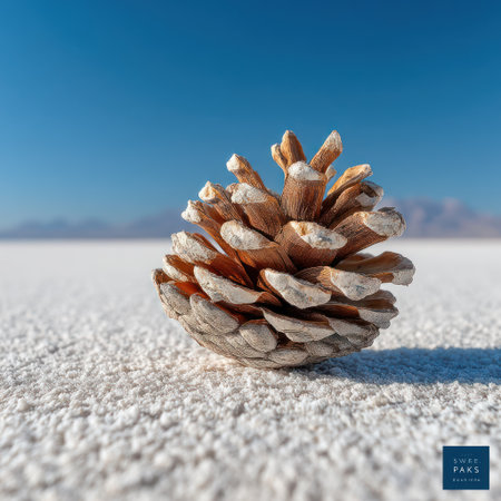 A close-up view presents a detailed pine cone with warm brown hues and textured scales. The subject is set against a blurred, light-colored background and a clear blue sky, suggesting an outdoor environment. This image is suitable for various commercial purposes, including nature-themed projects and stock photography.の素材