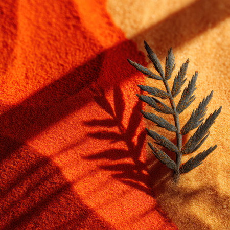 A close-up captures a dark, textured branch casting a shadow onto an orange and yellow, textured backdrop. The composition highlights the branch's delicate form against a contrasting surface. The image's color palette and texture suggest its potential use in design, marketing materials, or editorial content.の素材