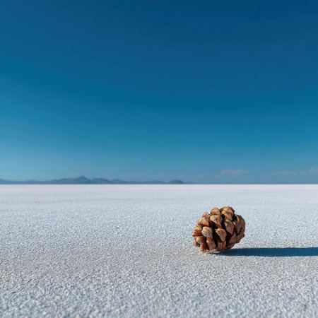 A detailed image features a single pine cone resting on a vast white surface, likely a salt flat. The composition is simple, with a clear blue sky providing a striking contrast. The scene is illuminated by bright sunlight creating shadows. Suitable for use in a variety of commercial and editorial contexts.の素材