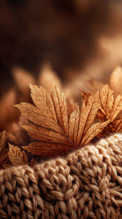 This image showcases a macro view of dried autumn leaves delicately arranged on a textured knitted surface. Warm, earthy tones dominate the composition, with a shallow depth of field enhancing the focus on the leaves' intricate details. This imagery could be employed in various design projects for editorial or commercial needs.の素材