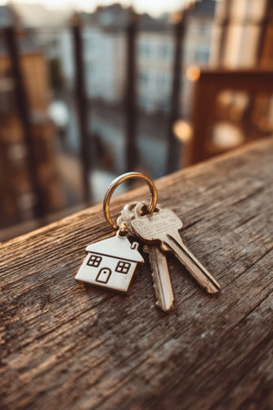 A close-up captures a set of keys with a house-shaped charm resting on a weathered wooden surface. The keys, made of metal, sit in a shallow depth of field. The lighting highlights the textures of the wood and metal. This image is suitable for various commercial uses, including real estate promotions or financial services.の素材