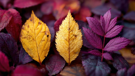 This close-up showcases three leaves, featuring striking autumn colors and intricate textures. The leaves, in shades of yellow and purple, are set against a blurred background. The image evokes a sense of nature and seasonal change, with potential uses in various editorial and commercial contexts.の素材