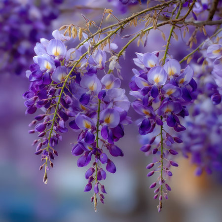 This image showcases clusters of purple wisteria flowers cascading gracefully downwards. The blossoms display a gradient of purple hues, with a blurred background. The composition highlights the flowers' texture, shape, and overall beauty. Suitable for a variety of uses, including editorial and design projects.の素材