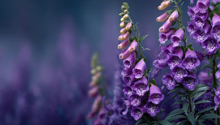 This image showcases a close-up of foxglove flowers in full bloom, presenting a cascade of purple hues. The composition highlights the delicate textures of the flower petals. Soft lighting illuminates the scene. The image is suitable for use in various commercial and editorial projects.の素材