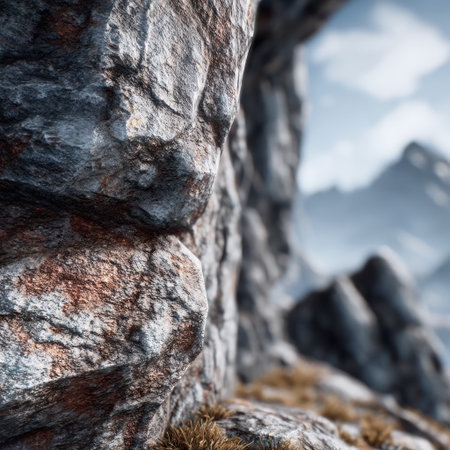 A detailed image presents a rough, textured rock formation with shades of gray and brown. The sunlight creates highlights on the rugged surface. In the background, a mountain range is visible under a cloudy sky. This image may be suitable for illustrating natural environments or concepts like resilience.の素材