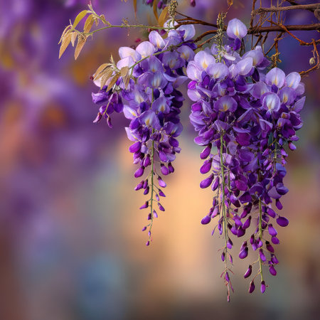 This image showcases a close-up of blooming purple wisteria flowers. The composition highlights the cascading clusters against a soft, blurred background. The color palette includes shades of purple, green, and hints of yellow. Ideal for use in projects related to nature, floral design, or editorial content.の素材