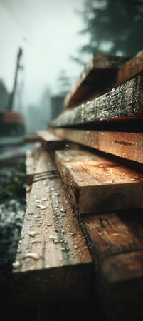This image showcases a close-up of wooden planks stacked together, glistening with water droplets. The composition features a shallow depth of field, emphasizing the texture and details of the wood. The scene is illuminated by soft, natural lighting, suggesting an outdoor environment. This image could be utilized for various commercial purposes related to construction, carpentry, and design.の素材