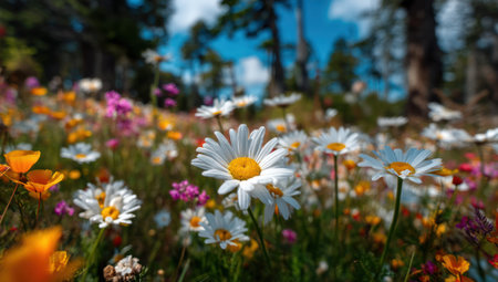 A field of colorful wildflowers dominates the frame, showcasing white daisies and other blooms. The flowers are in focus, with a blurred background of trees and sky. The composition features natural lighting and a shallow depth of field, evoking a sense of tranquility. Ideal for various commercial and editorial projects.の素材