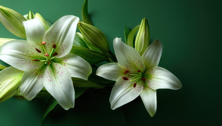 Two white lily flowers are captured in close-up against a deep green backdrop. The petals show delicate texture and subtle coloration, while the leaves provide contrast. The lighting highlights the flowers' details, suggesting a studio setting, suitable for various design, decorative, or editorial applications.の素材