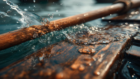 This image presents a close-up of a wooden oar slicing through water, creating a splash. The focus is on the textures of the wood and the water droplets. The composition uses a shallow depth of field, with cool tones dominating. Suitable for illustrating various concepts in a commercial context.の素材