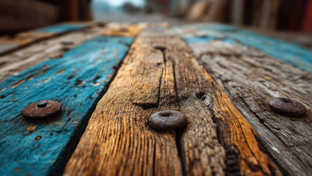 This image showcases a close-up view of aged wooden planks, featuring a blend of blue and brown tones. The composition highlights the wood's texture and grain, accented by metal hardware. This textured aesthetic is suitable for various commercial uses, including website backgrounds and design elements, and lends itself well to editorial projects.の素材