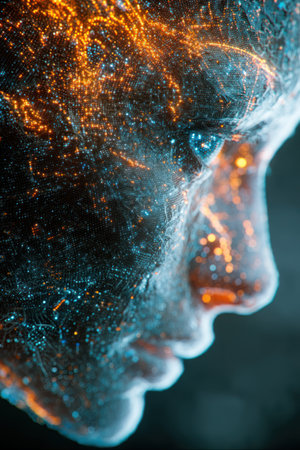 This image showcases a close-up portrait of a human face with an unusual skin texture. The skin is illuminated with vibrant, golden, and blue light particles. The composition emphasizes detail, possibly hinting at an environment with digital or energy-based themes. Suitable for various creative and conceptual applications.の素材