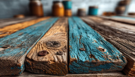 This image showcases a close-up of textured, multicolored wooden planks, possibly from a rustic table or surface. The planks exhibit variations in blue, brown, and yellow hues, with visible grain and knots. The composition offers a detailed view of the wood's texture and could be used for backgrounds or design elements.の素材