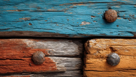 The image presents a close-up view of aged wooden planks featuring remnants of paint in various colors. The composition highlights the textured surface and the presence of metal nails. The lighting appears soft, possibly natural, suggesting an outdoor or indoor setting. Suitable for various commercial and editorial applications.の素材