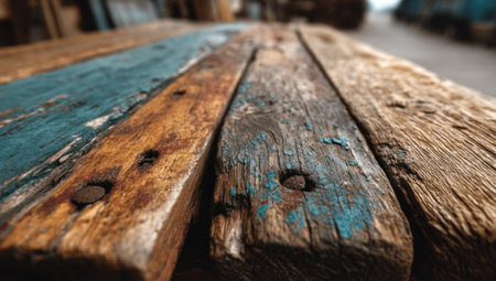 This close-up showcases aged wooden planks with visible textures, featuring a blend of blue, brown, and natural wood tones. The planks are arranged in a parallel pattern, potentially forming a surface. This image could be used for various commercial projects related to design, construction, or environmental themes.の素材