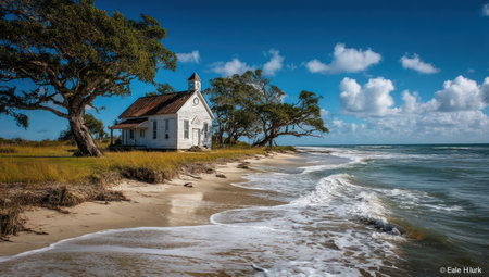 A picturesque chapel stands on a sandy beach, framed by mature trees against a vibrant blue sky with scattered clouds. The scene showcases ocean waves gently rolling onto the shore. The image features natural light and a composition suitable for various editorial and commercial applications. The style emphasizes serene beauty and tranquility.の素材