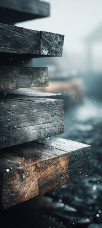 The image captures a close-up of aged wood planks arranged in a vertical stack. The planks exhibit rough textures and a muted color palette dominated by browns and grays. The composition includes blurred background elements suggesting an outdoor environment with soft lighting, potentially suitable for various commercial uses.の素材