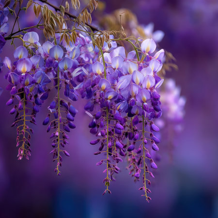 This image showcases wisteria flowers in a close-up composition. The blossoms, predominantly purple, hang gracefully from branches. The soft focus background enhances the delicate textures and colors. This photograph would be suitable for various applications, including print and digital projects related to nature or floral themes.の素材