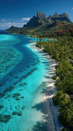 An aerial perspective showcases a tropical coastline. Turquoise water blends with a white sandy beach, lined by lush green palm trees. A dramatic mountain range rises in the background under clear skies. This vibrant landscape is suitable for travel, tourism, and environmental themes.の素材