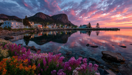 A tranquil scene features a coastal town illuminated by the vibrant hues of a sunset. The image shows a mountain reflecting in still water, with colorful flowers in the foreground. Buildings line the shore, their lights twinkling as day transitions into night. This imagery could be used for travel, nature, or scenic projects.の素材