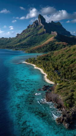 An aerial view presents a coastal landscape featuring a towering mountain, turquoise water, and verdant vegetation. The scene is bathed in sunlight, with a blue sky dotted with clouds. The composition is visually appealing, offering potential for commercial applications or editorial use. The shot features natural elements and textures.の素材
