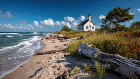 A small white church sits atop a grassy dune overlooking a sandy beach and ocean. The composition features driftwood, vegetation, and bright sunlight. The image showcases natural colors, including blue skies, green grass, and brown sand. This tranquil scene is suitable for use in travel, spiritual, and nature-themed commercial projects.の素材
