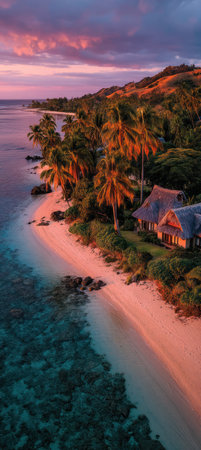 An aerial view presents a stunning coastal scene. A sandy beach meets turquoise waters, while palm trees and lush greenery border a luxurious building. The sky displays a sunset with vibrant hues, providing warm lighting. Suitable for travel, tourism, and lifestyle content, with potential for commercial applications.の素材