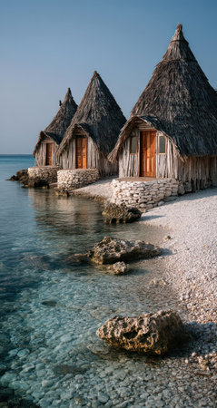 Three rustic huts with thatched roofs stand along a shoreline, their doors open. The scene features clear, turquoise waters and a bright blue sky. The composition is a vertical shot with sunlight illuminating the textures. Ideal for travel, tourism, or environmental themes.の素材